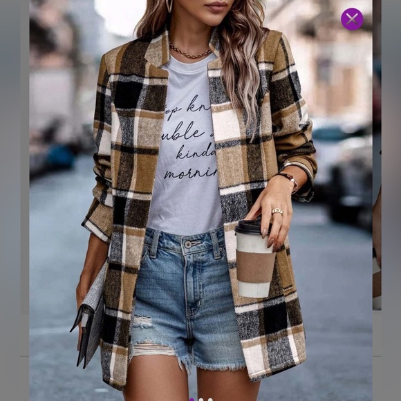 Khaki & Cream Plaid Pocket Open Shacket - Medium - Picture 8 of 8